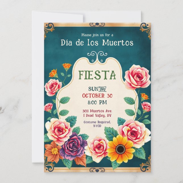 Convites 💀🎉Dia de los Muertos Dourado e Extinto: (Frente)