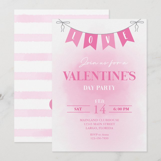 Convites Dia de os namorados Love Banner Pink Watercolor Pa (Frente/Verso)