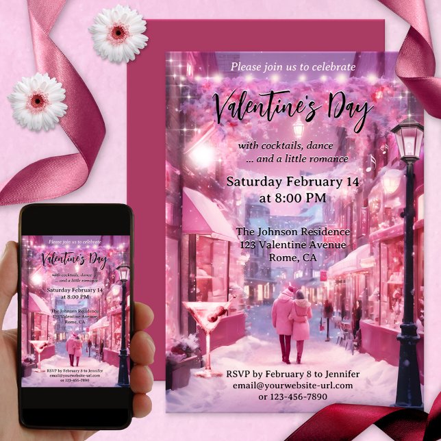 Convites Dia de os namorados rosa-rosa-doce (A sweet Valentine's Day party invitation featuring a couple in love in a pink fantasy world)