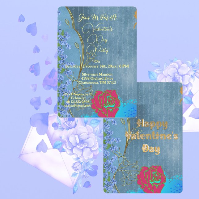 Convites Dia de os namorados Rosa Rosa Rosa Rosa Rosa Russo (Rustic Pink Rose Valentine's Day Party Blue Floral Invitation)