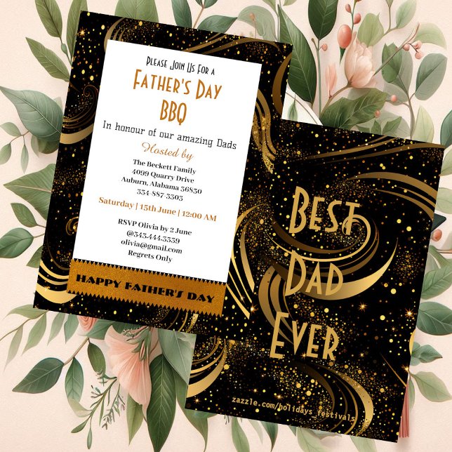 Convites Dia de os pais Dourado Folheto Nadou Festa de Cara (Father's Day Gold Leafy Swirls Fun Curls BBQ Party Invitation)
