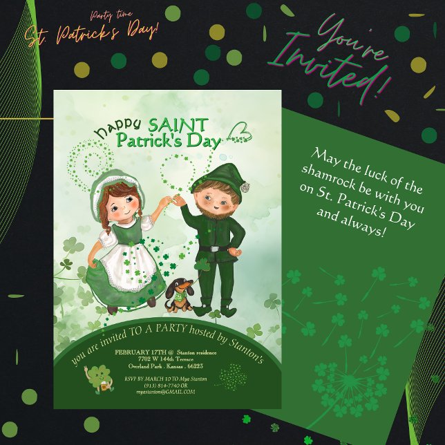 Convites DIA DE SÃO PATRÍCIO Dançando Leprechauns desenhado (ST PATRICKS DAY Dancing Leprechauns hand drawn Invitation )