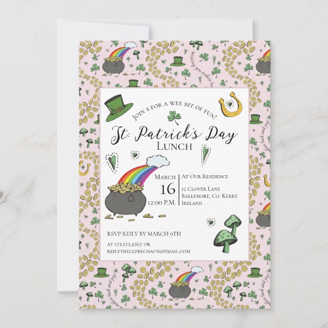 Convites Dia de São Patrício rosa e verde do almoço Dourado (Frente)