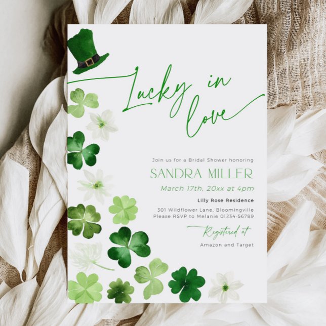 Convites Dia de São Patrício Trevo Verde Chá de Noiva (Lucky in love bridal shower invitation)