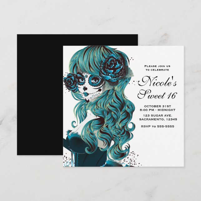 Convites Dia dos Mortos Bela Caveira de Açúcar Doce 16 Anos (Frente/Verso)