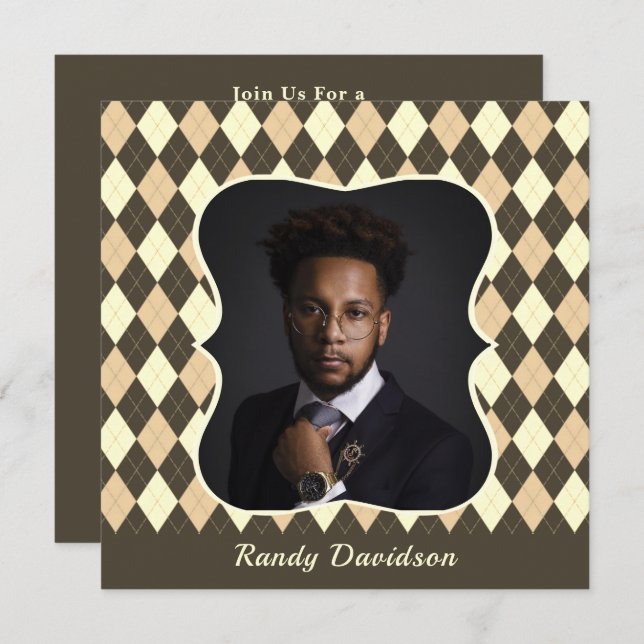 Convites Dia dos Pais Foto Marrom Bege Xadrez Vichy Jantar  (Frente/Verso)