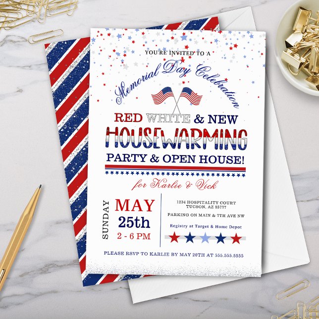 Convites Dia Memorial Red White Novo Partido do Aquecimento (memorial day housewarming party invitations with patriotic red white and blue new house inivtes)