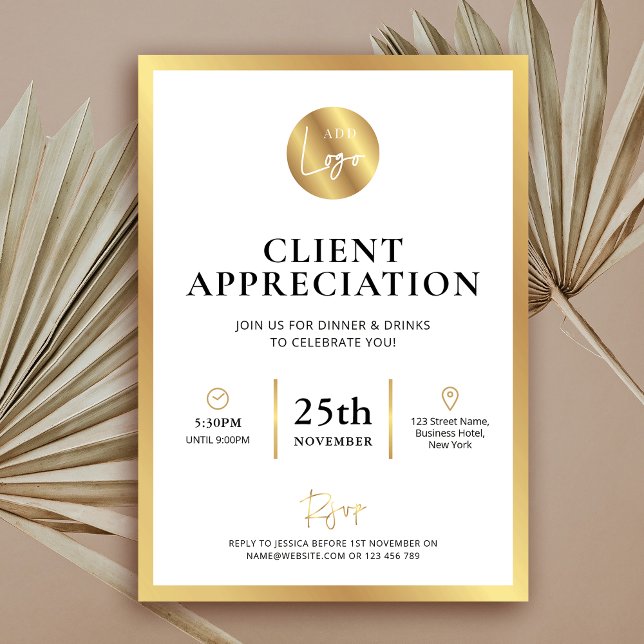Convites Dia Útil da Apreciação do Cliente de Logotipo Dour (Elegant white and faux gold business client or donor appreciation event invitation design )