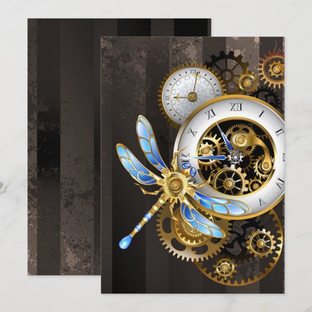 Convites Dials Steampunk com Libélula (Frente/Verso)