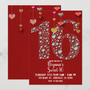 Convites Diamante 16 Corações de São Valentim Festa de Aniv