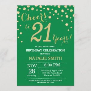 Convites Diamante aniversário de 21 anos verde e Dourado