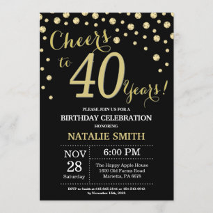 Convites Diamante aniversário de 40 anos preto e Dourado