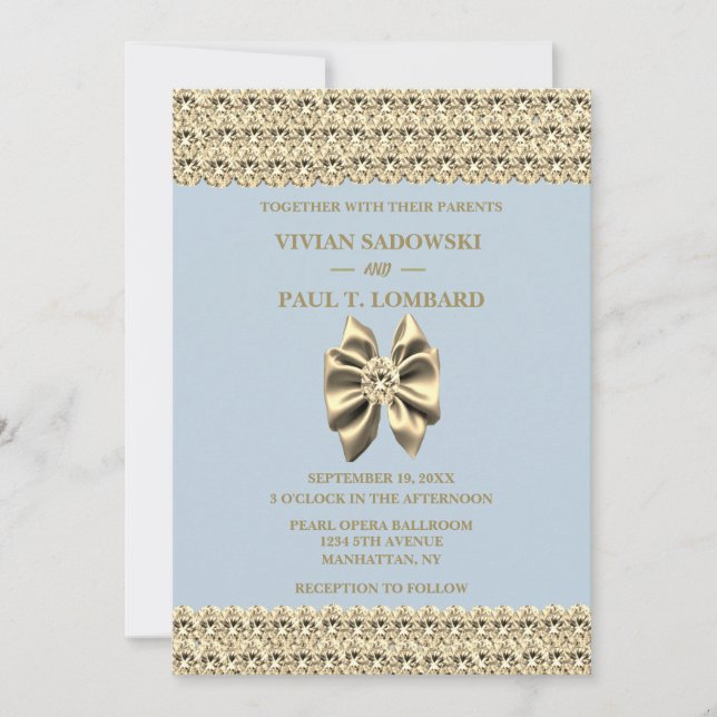 Convites Diamante Azul Elegante e Casamento Dourado (Frente)