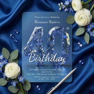 Convites Diamante Azul Safira Glamouroso Aniversário de 40 