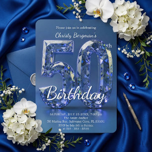 Convites Diamante Azul Safira Glamouroso Aniversário de 50