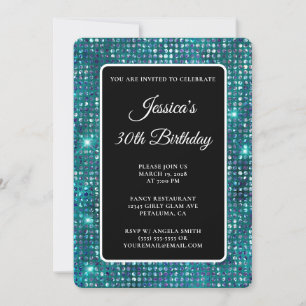 Convites Diamante Azul Teal Preto e aniversário de 30 anos 