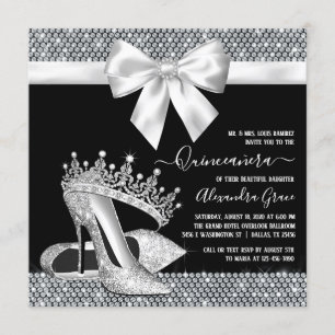 Convites Diamante Branco Negro Tiara Calçado Glam Quinceane