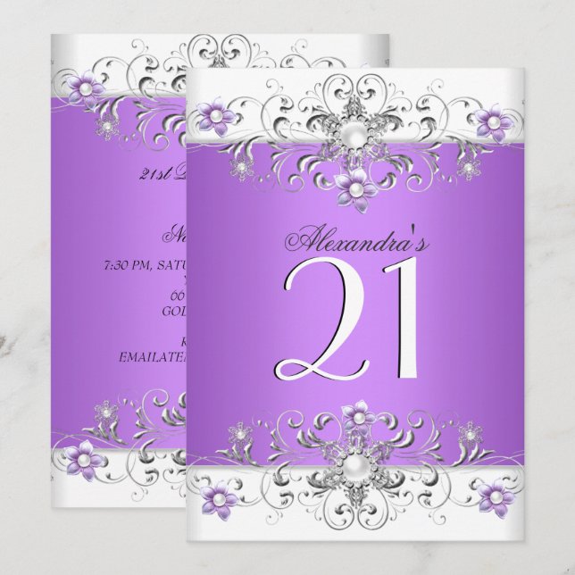 Convites Diamante Branco Puro do aniversário de 21 anos (Frente/Verso)