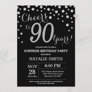 Convites Diamante de 90 de Aniversário e Preto de Prata Su