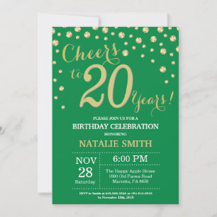 Convites Diamante de Aniversário de 20 anos Verde e Dourado