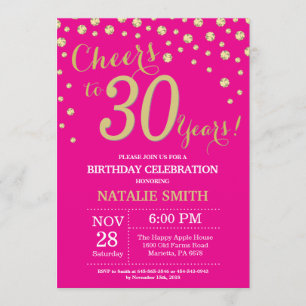 Convites Diamante de aniversário de 30 anos rosa-quente e D