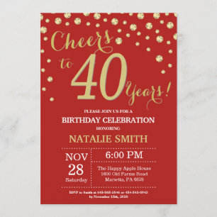Convites Diamante de aniversário de 40 anos vermelho e Dour