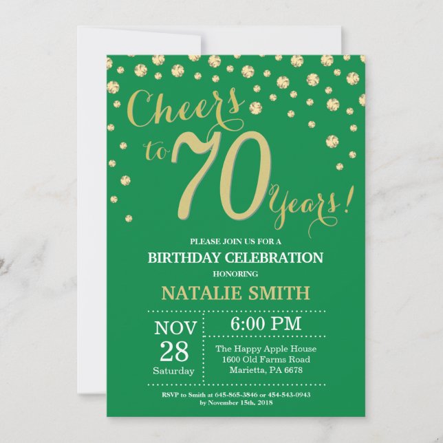 Convites Diamante de aniversário de 70 verde e Dourado (Frente)