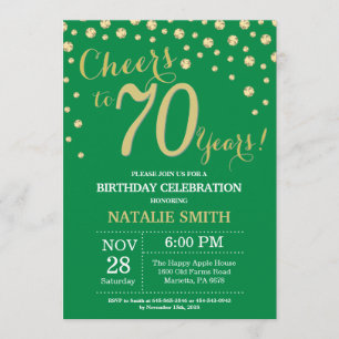 Convites Diamante de aniversário de 70 verde e Dourado