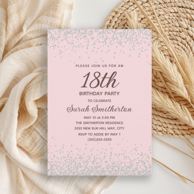 Convites Diamante de Prata Rosa, Brilhante 18º Aniversário (Elegant blush pink 18th birthday party invitation with silver glitter)