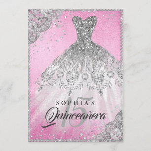 Convites Diamante de Prata Rosa, Lace Sparkle Gown Quincean