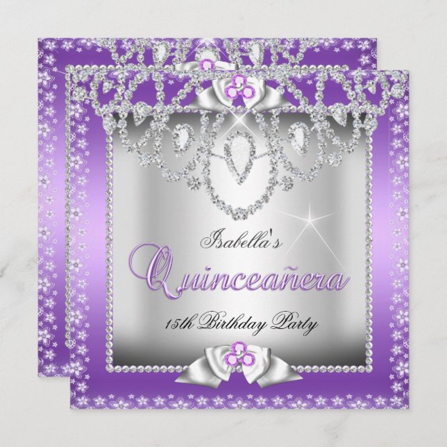 Convites Diamante de Prata Roxo Quinceanera 15 (Frente/Verso)