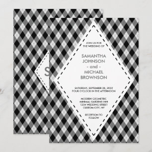 Convites Diamante de Tartan Irlandês Preto Cinza Casamento