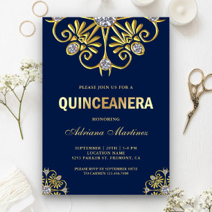 Convites Diamante Dourado Azul Mandala Quinceanera