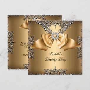 Convites Diamante Dourado Bege Laço Prata Elegante Aniversá