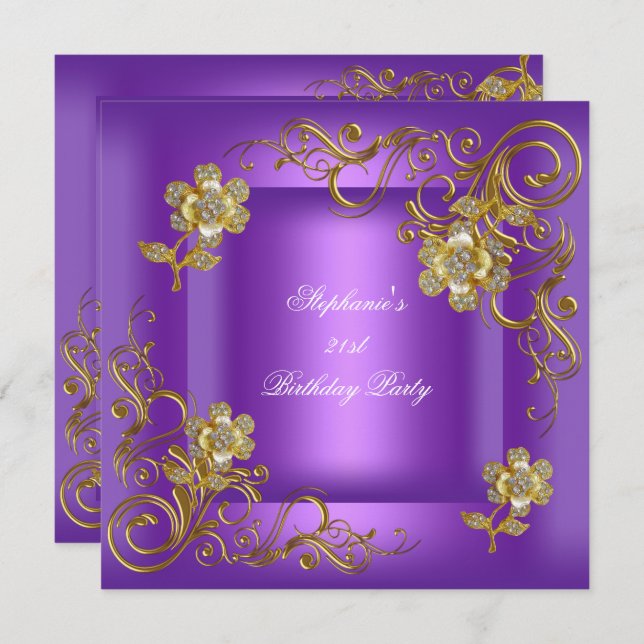 Convites Diamante Dourado Roxo do Partido aniversário de 21 (Frente/Verso)
