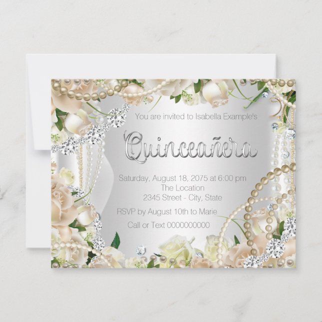 Convites Diamante e Pearl Rosa Quinceanera (Frente)