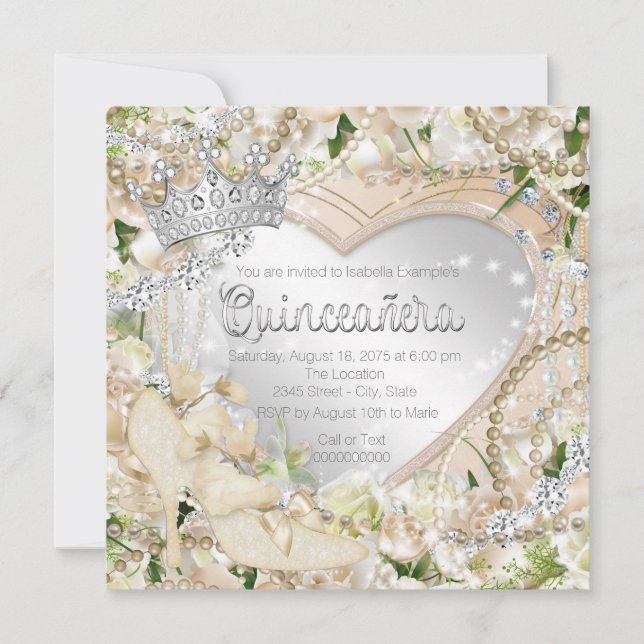 Convites Diamante e Pérola Rosa Branca Quinceanera (Frente)