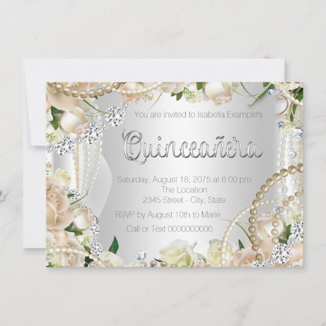 Convites Diamante e Pérola Rosa Quinceanera (Frente)