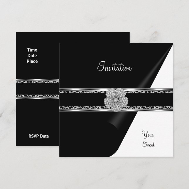 Convites Diamante Leopardo Jóia Preto Laço Prata (Frente/Verso)