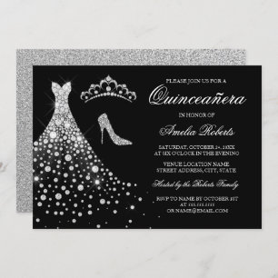 Convites Diamante Negro Prateado Tiara Quinceanera