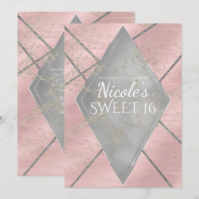 Convites Diamante Prata Rosa Glam Doce Festa de 16 Anos QUA (Frente/Verso)