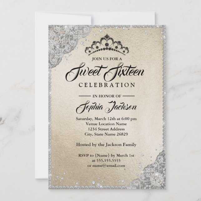 Convites Diamante Renda Brilho Dourado Prata Sweet Sixteen (Frente)