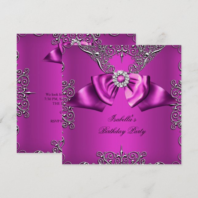 Convites Diamante Rosa Laço Prata Elegante Aniversário (Frente/Verso)