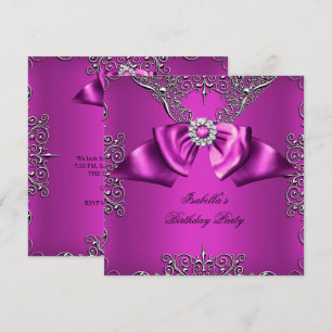 Convites Diamante Rosa Laço Prata Elegante Aniversário