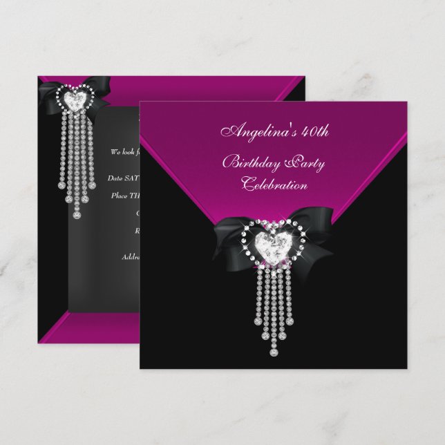 Convites Diamante Rosa Preto do Partido aniversário de 40 a (Frente/Verso)
