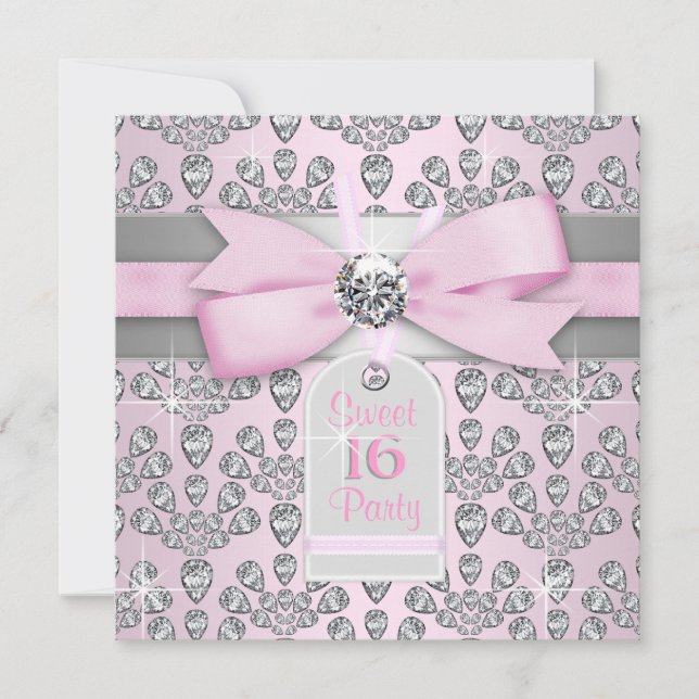 Convites Diamante Rosa Rosa e Cinza Doce 16 Aniversário (Frente)