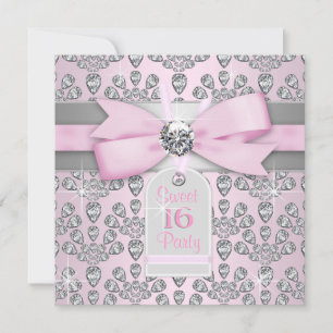 Convites Diamante Rosa Rosa e Cinza Doce 16 Aniversário