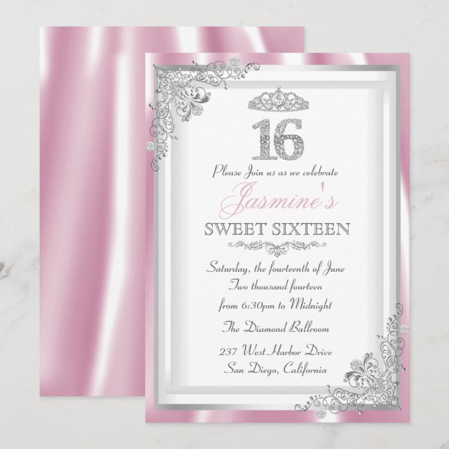 Convites Diamante Rosa Silver Damask & Tiara Sweet 16 Invit (Frente/Verso)