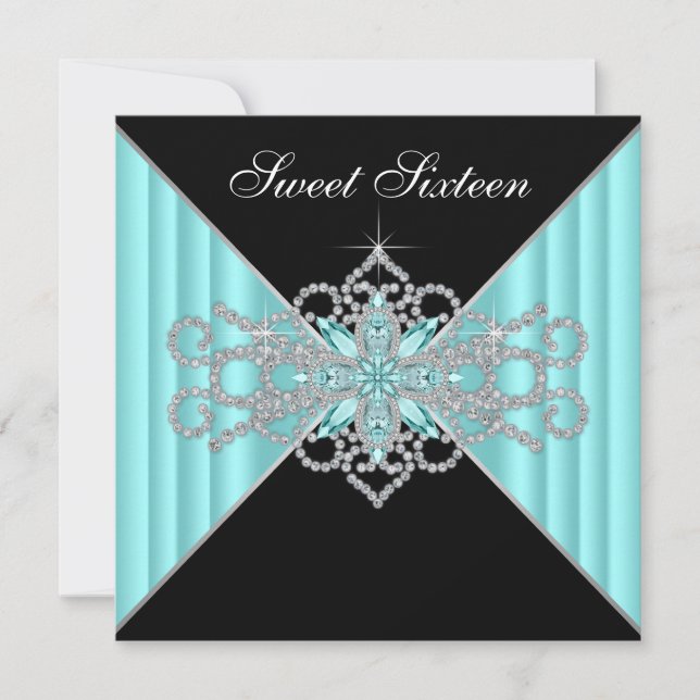 Convites Diamante Turquesa Azul e Preto Doce 16 Aniversário (Frente)