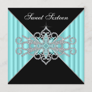 Convites Diamante Turquesa Azul e Preto Doce 16 Aniversário